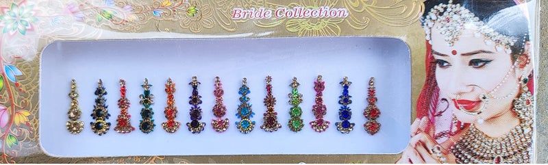 ATCUSA جواهر الوجه العروس كريستال ملون بindi تيكا جبهة هندية بindi للنساء بindi هندية ملونة دائرية طويلة صغيرة ذهبية (بindi طويلة - 12 بindi) - Image 2