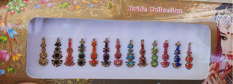 ATCUSA جواهر الوجه العروس كريستال ملون بindi تيكا جبهة هندية بindi للنساء بindi هندية ملونة دائرية طويلة صغيرة ذهبية (بindi طويلة - 12 بindi) - Image 3