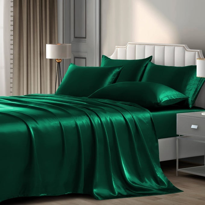 6 PIECES QUEEN SATIN SHEETS LUXURY SILKY BLACKISH GREEN SATIN BEDDING SHEET SET 1 DEEP POCKET FITTED SHEET 1 FLAT SHEET 4 PILLOW CASES