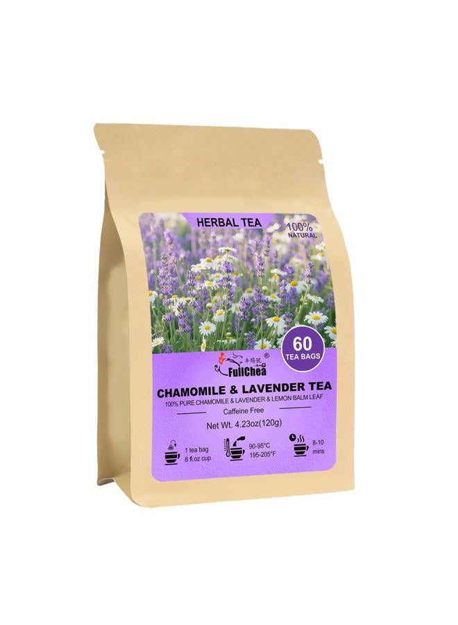 FullChea Chamomile Lavender Tea Bags for Relaxation & Better Sleep - 60 Count - Caffeine-Free Blend Herbal Tea - Premium Chamomile & Lavender Flowers - Image 1