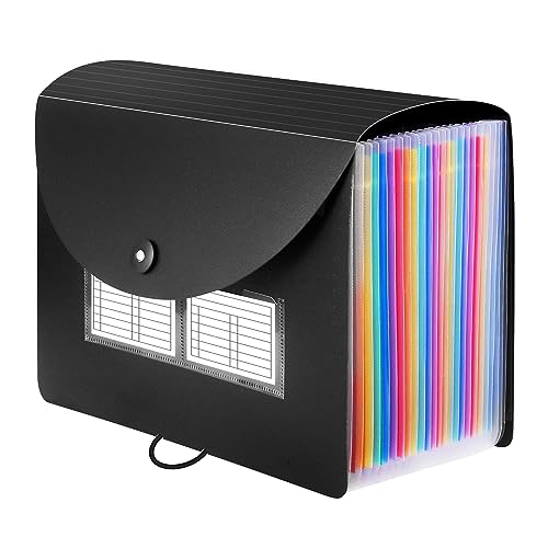 Sooez 24 Pockets Expanding File Folder with Blank Labels, According File Organizer with Expandable Cover, Desktop Accordion Folders Letter A4 Paper Document Storage Organizer, Black - Image 1