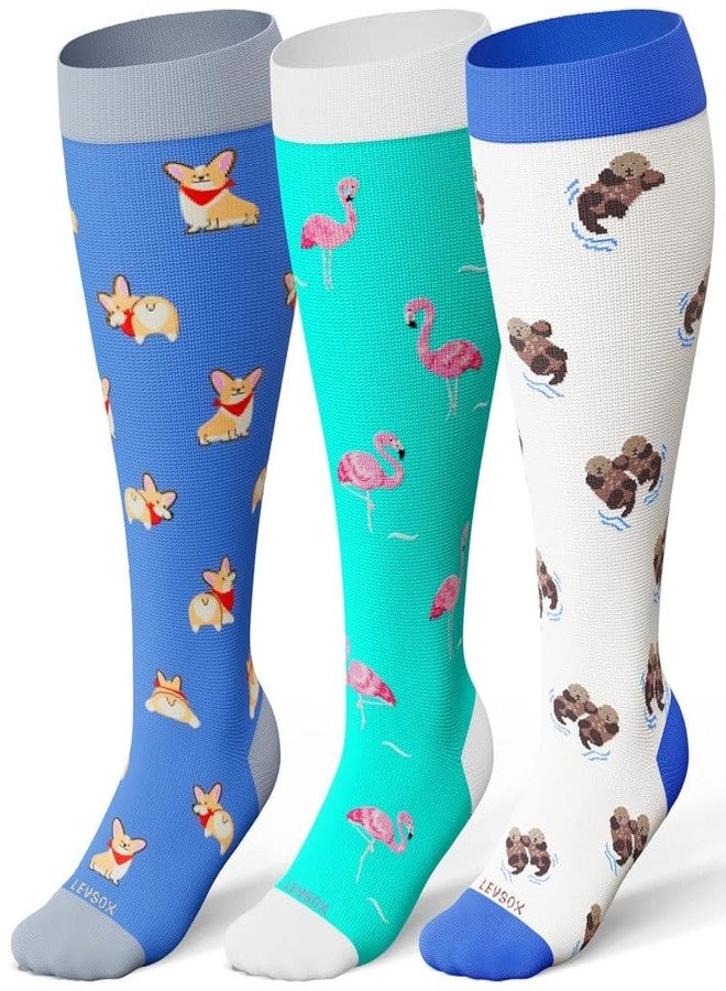 LEVSOX Plus Size Compression Socks Wide Calf for Women Men Extra Large 15-20 mmhg Knee High Support Sock for Nurses Travel Pregnant, 3 Pairs/Corgi/Flamingo/Otter, M - Image 1