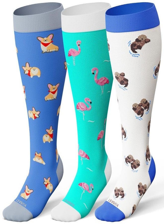 LEVSOX Plus Size Compression Socks Wide Calf for Women Men Extra Large 15-20 mmhg Knee High Support Sock for Nurses Travel Pregnant, 3 Pairs/Corgi/Flamingo/Otter, M - Image 2