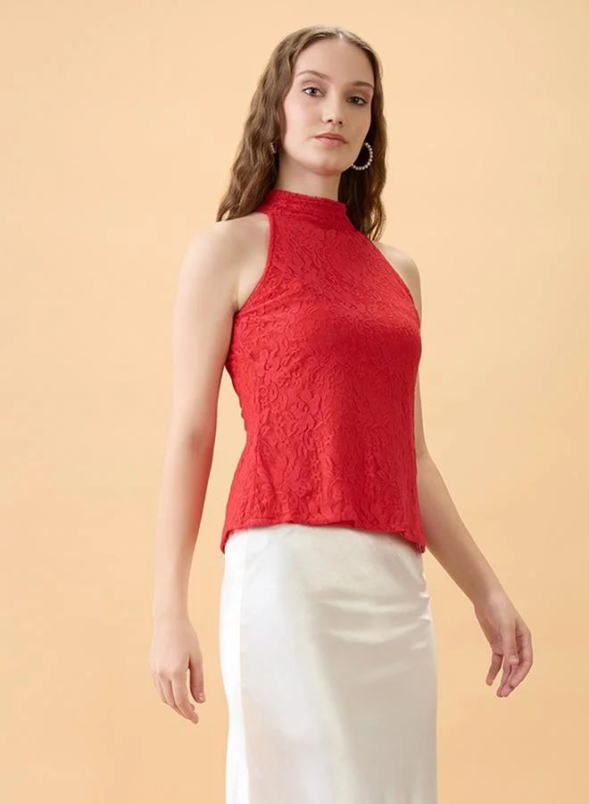 globus Women Red Floral Lace Sleeveless Top
