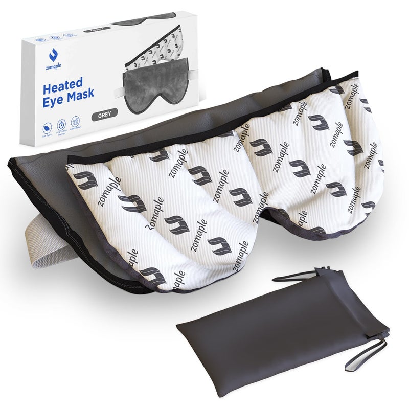 ZOMAPLE Heated Eye Mask Grey Soothing Moist Heat for Dry Tired Eyes Quick Microwave Prep Adjustable Strap Travel Pouch Plush Washable Cover Reusable CordFree Warm Compress for Eyes