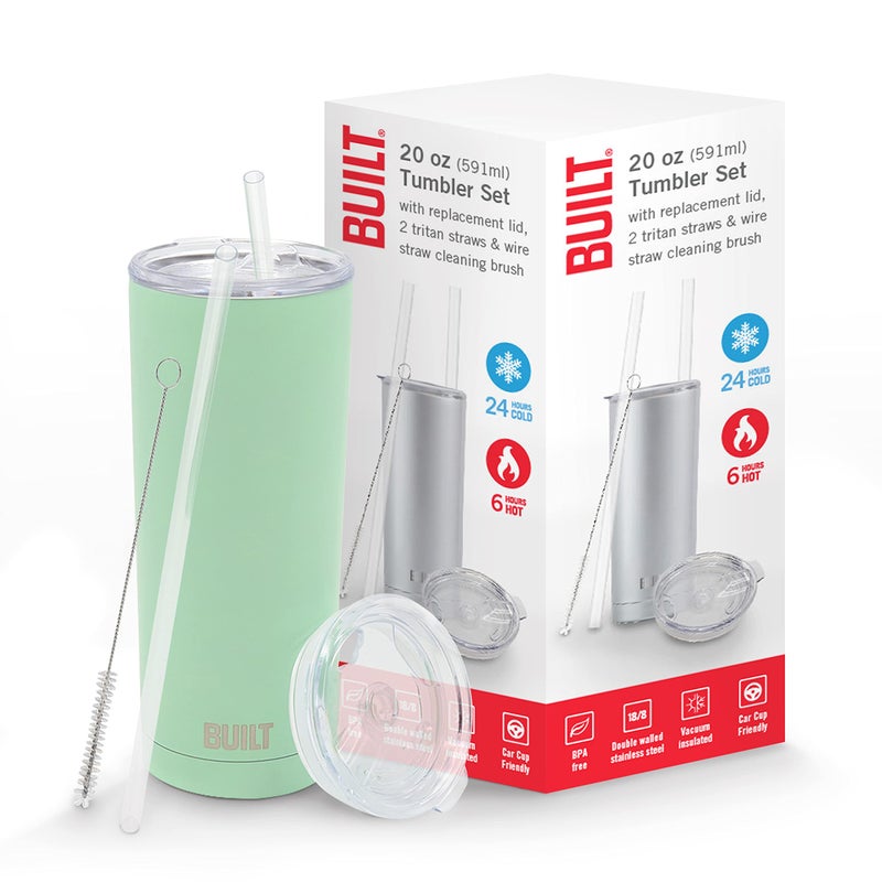 BUILT Double Walled Stainless Steel Tumbler Set with Replacement Lid  2 Reusable Tritan Wire Straw Cleaning Brush in Gift Box  1 Count (Pack of 1)  Ash Green - Image 1