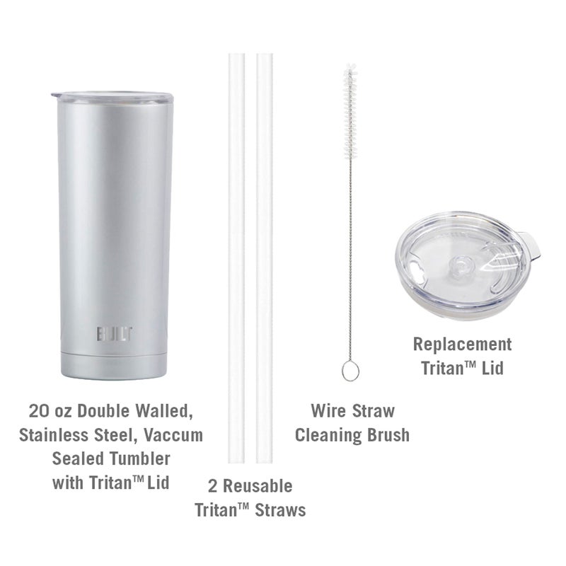 BUILT Double Walled Stainless Steel Tumbler Set with Replacement Lid  2 Reusable Tritan Wire Straw Cleaning Brush in Gift Box  1 Count (Pack of 1)  Ash Green - Image 3