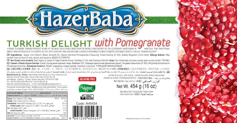 HazerBaba حلوى حازر بابا التركية، بنكهة الرمان والزريش، صندوق وجبات خفيفة فاخر، تقليدي، نباتي، لوكوم تركي، حلويات، لوكومي، دليسياس توركاس، حلال، كوشير، 16 أونصة (454 جرام) - Image 2