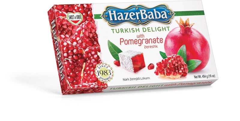 HazerBaba حلوى حازر بابا التركية، بنكهة الرمان والزريش، صندوق وجبات خفيفة فاخر، تقليدي، نباتي، لوكوم تركي، حلويات، لوكومي، دليسياس توركاس، حلال، كوشير، 16 أونصة (454 جرام) - Image 1