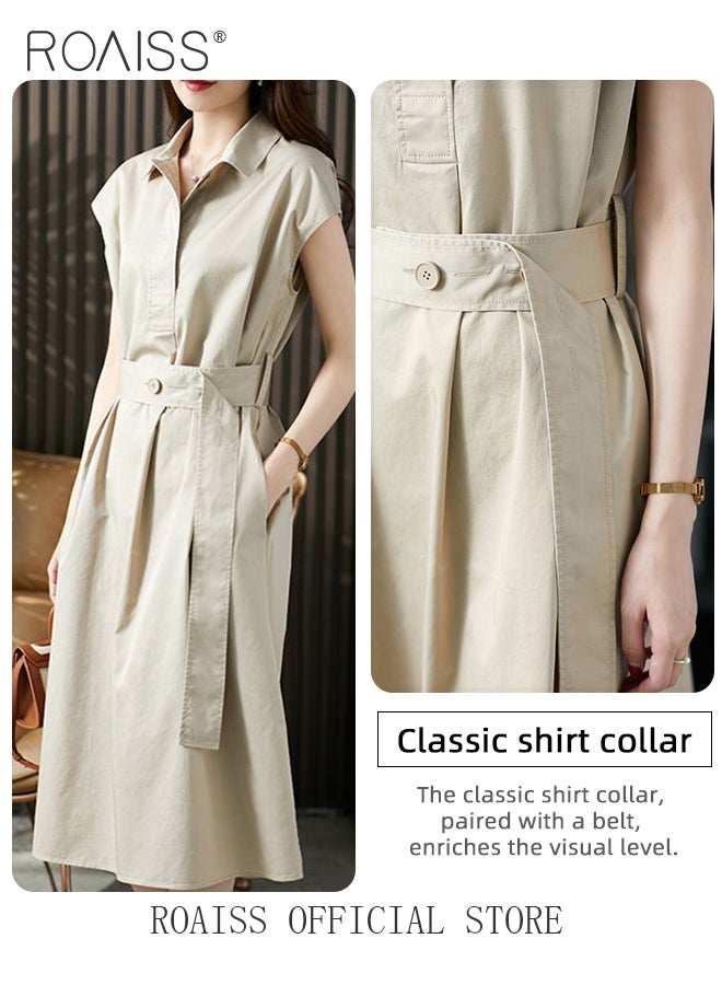 roaiss Minimalist Short-Sleeved Shirt Dress for Women Solid Color Temperament Waist Lace up Midi Dress Ladies Spring and Summer Loose Slimming Over-the-Knee Formal Long Skirt  - Image 3