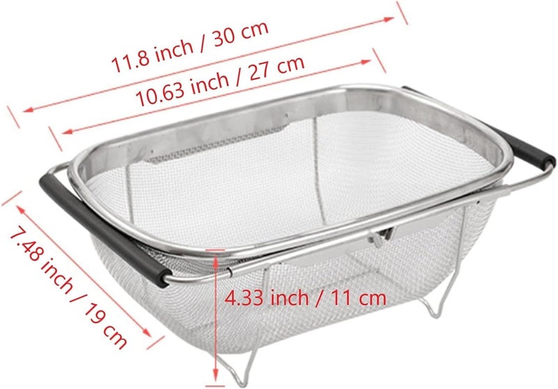 SENTAVIL Sink Basket Stainless Steel Oval Colander Rubber Grip Handle Fine Mesh Strainer Baskets Kitchen Over The Sink Colander for Strain Drain Rice Vegetables Fruits 1 Pc Silver - Image 3