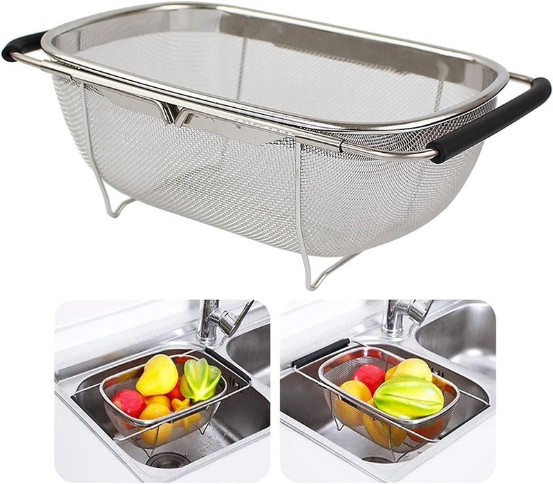 SENTAVIL Sink Basket Stainless Steel Oval Colander Rubber Grip Handle Fine Mesh Strainer Baskets Kitchen Over The Sink Colander for Strain Drain Rice Vegetables Fruits 1 Pc Silver - Image 1