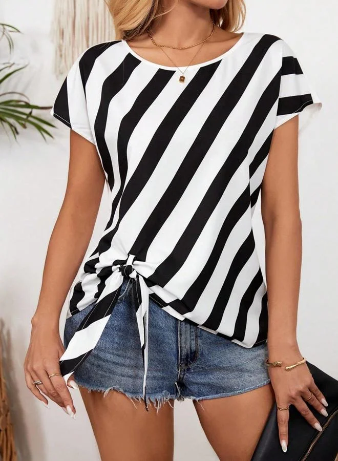 Take Two White Striped Short Sleeve Top