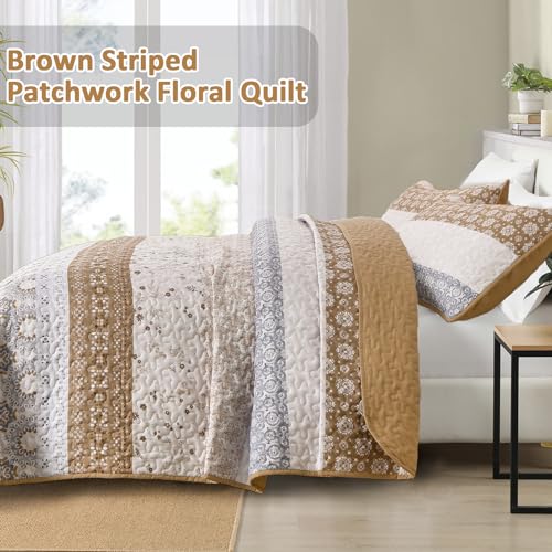 WONGS BEDDING Boho Quilt Set King, Brown Bohemian Striped Patchwork Summer Bedspread Coverlet Set with 2 Pillowcases,Lightweight Microfiber Floral Bedding Set 104"×90" - Image 3