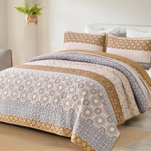 WONGS BEDDING Boho Quilt Set King, Brown Bohemian Striped Patchwork Summer Bedspread Coverlet Set with 2 Pillowcases,Lightweight Microfiber Floral Bedding Set 104"×90" - Image 1
