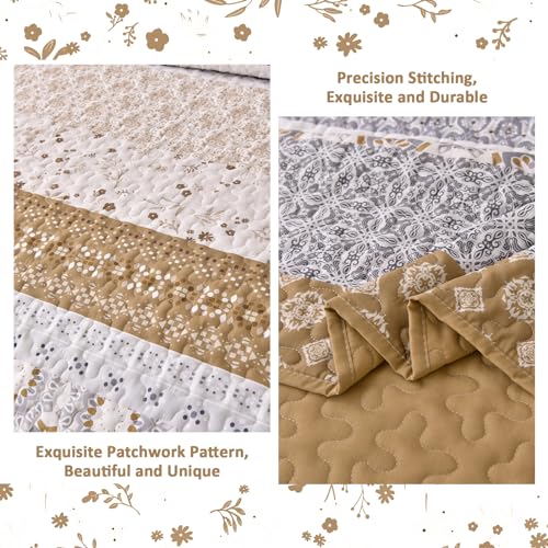 WONGS BEDDING Boho Quilt Set King, Brown Bohemian Striped Patchwork Summer Bedspread Coverlet Set with 2 Pillowcases,Lightweight Microfiber Floral Bedding Set 104"×90" - Image 5