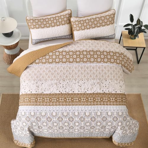 WONGS BEDDING Boho Quilt Set King, Brown Bohemian Striped Patchwork Summer Bedspread Coverlet Set with 2 Pillowcases,Lightweight Microfiber Floral Bedding Set 104"×90" - Image 4