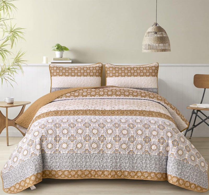 WONGS BEDDING Boho Quilt Set King, Brown Bohemian Striped Patchwork Summer Bedspread Coverlet Set with 2 Pillowcases,Lightweight Microfiber Floral Bedding Set 104"×90" - Image 2