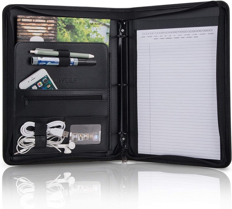OOWOLF Padfolio Portfolio Folder, PU Leather Professional with Round Ring Binder 8.5 x 11 Inch Writing Pad Tablet Sleeve Interview Resume Document Organizer Business Card Holder Zippered Closure - Image 1