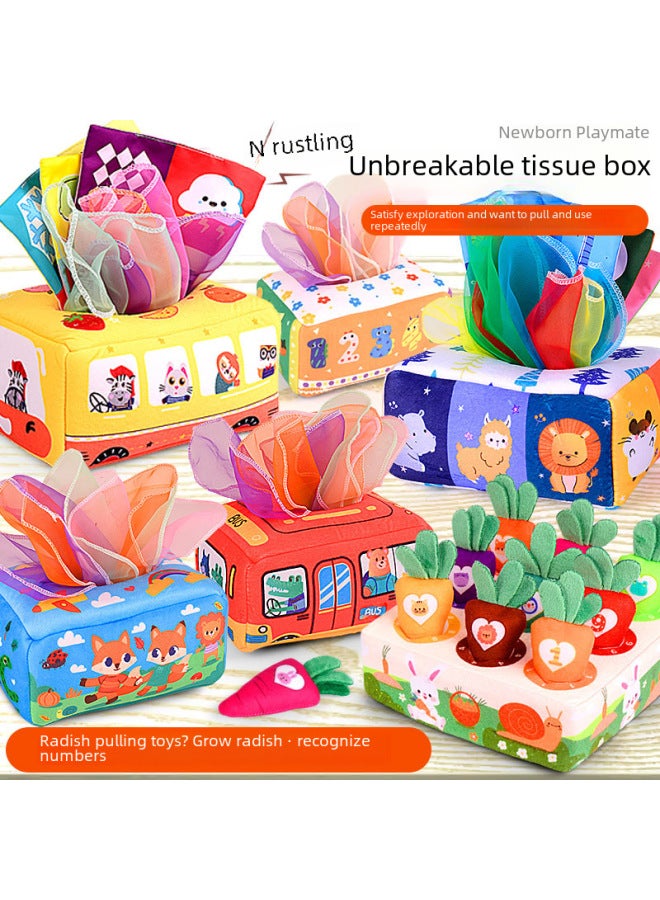 Children Pull Radish Puzzle Early Education Newborn Toys Plush 6 Months Baby Paper Baby 0-1 Years Old-Color:Tissue Box/available Car Model-standard Version (with 4 Velvet Towels)  - Image 2