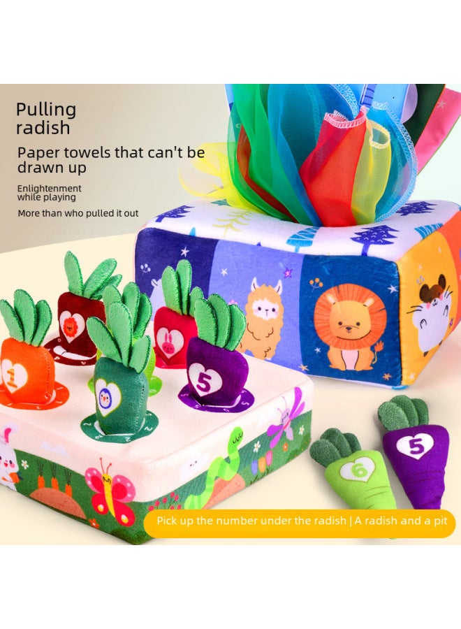 Children Pull Radish Puzzle Early Education Newborn Toys Plush 6 Months Baby Paper Baby 0-1 Years Old-Color:Tissue Box/available Car Model-standard Version (with 4 Velvet Towels)  - Image 4