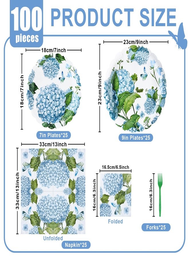 PhyLence 100 Pieces Blue Hydrangea Tableware Set Party Supplies - Floral Themed Disposable Dinnerware with Paper Plates, Napkins, and Forks for Birthdays, Weddings, Garden Parties - Serves 25 - Image 2