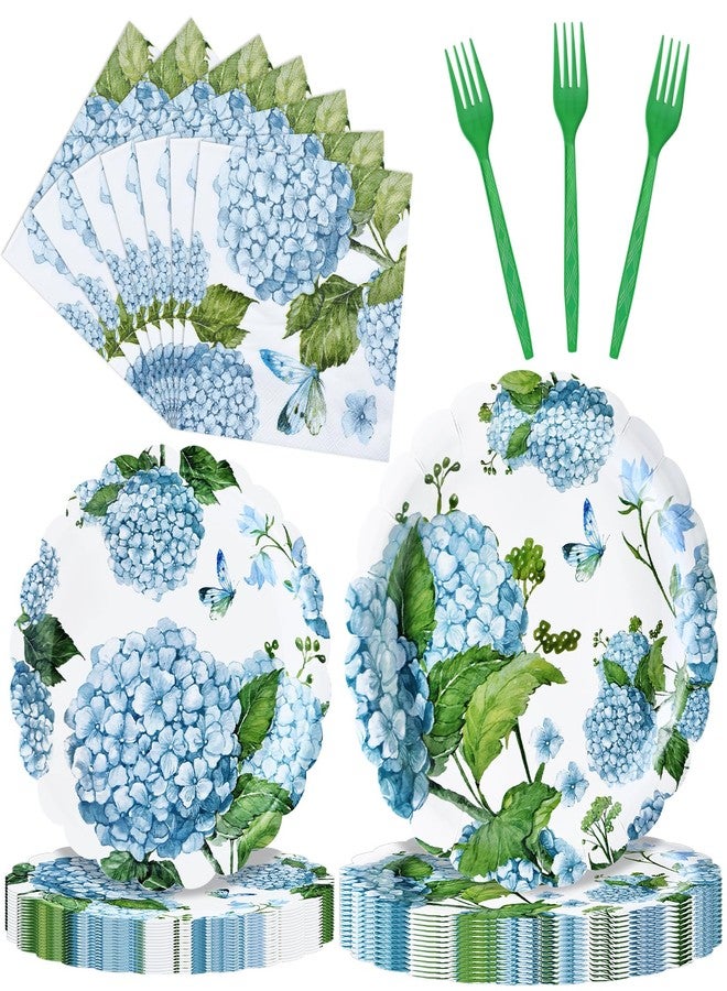 PhyLence 100 Pieces Blue Hydrangea Tableware Set Party Supplies - Floral Themed Disposable Dinnerware with Paper Plates, Napkins, and Forks for Birthdays, Weddings, Garden Parties - Serves 25 - Image 1