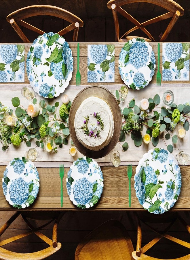 PhyLence 100 Pieces Blue Hydrangea Tableware Set Party Supplies - Floral Themed Disposable Dinnerware with Paper Plates, Napkins, and Forks for Birthdays, Weddings, Garden Parties - Serves 25 - Image 4