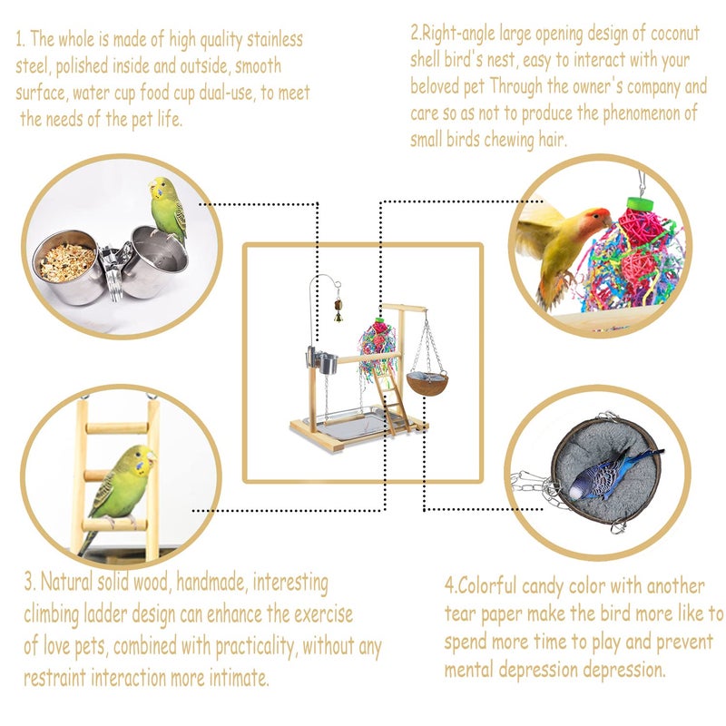 Dbeans Flourithing Bird Stand Fun Straw Bell Toys,Parrot Wooden Platform Stand with Perch Ladder, Swing, Bell & Feeder - Image 3