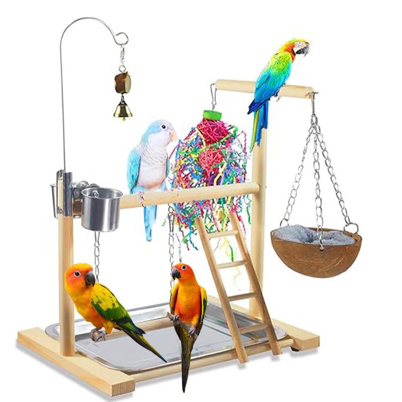 Dbeans Flourithing Bird Stand Fun Straw Bell Toys,Parrot Wooden Platform Stand with Perch Ladder, Swing, Bell & Feeder - Image 1