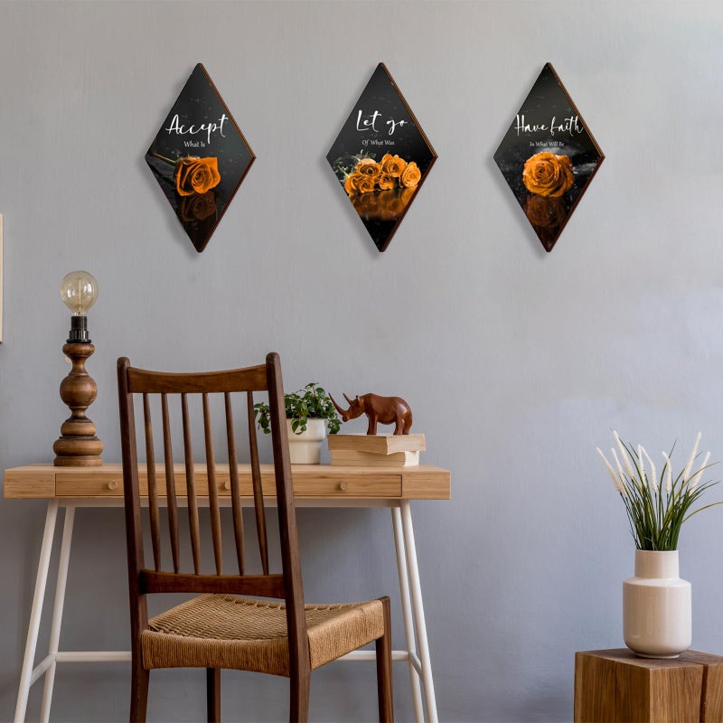 ZINYAZHE 3 Pcs Orange Rose Bathroom Wall Decor Orange Decor Flower Wooden Inspirational Wall Art Orange Bedroom Wall Decor with Accept Let Go Have Faith Sign for Bathroom Living Room Bedroom(orange 12 x 7"") - Image 2