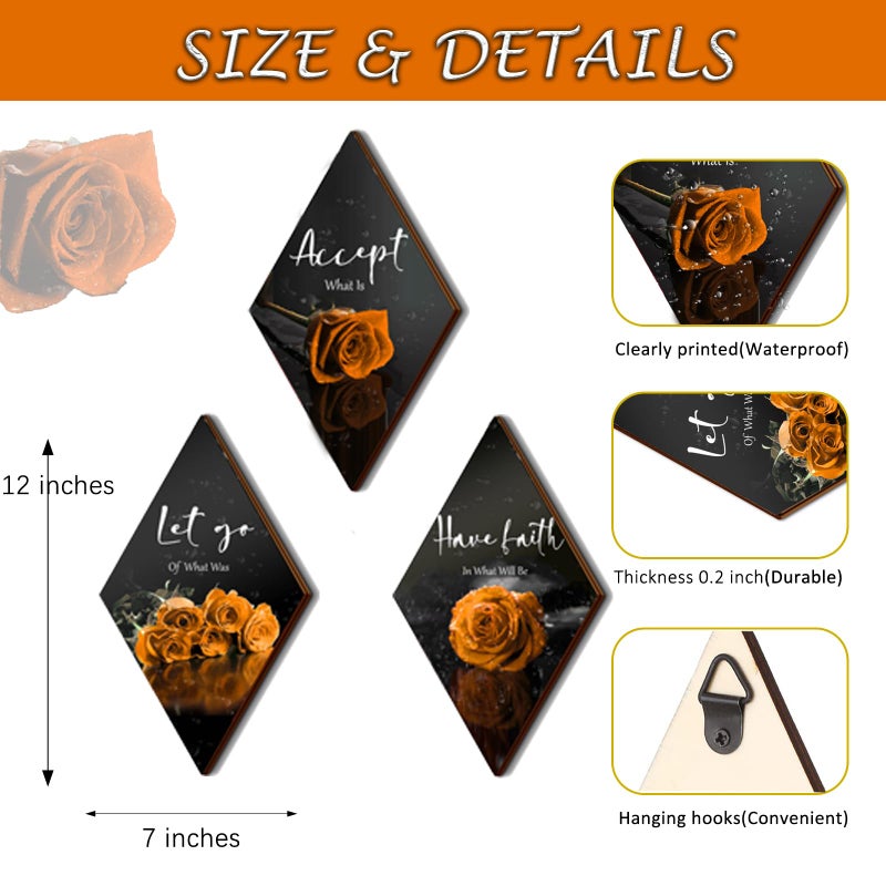 ZINYAZHE 3 Pcs Orange Rose Bathroom Wall Decor Orange Decor Flower Wooden Inspirational Wall Art Orange Bedroom Wall Decor with Accept Let Go Have Faith Sign for Bathroom Living Room Bedroom(orange 12 x 7"") - Image 3