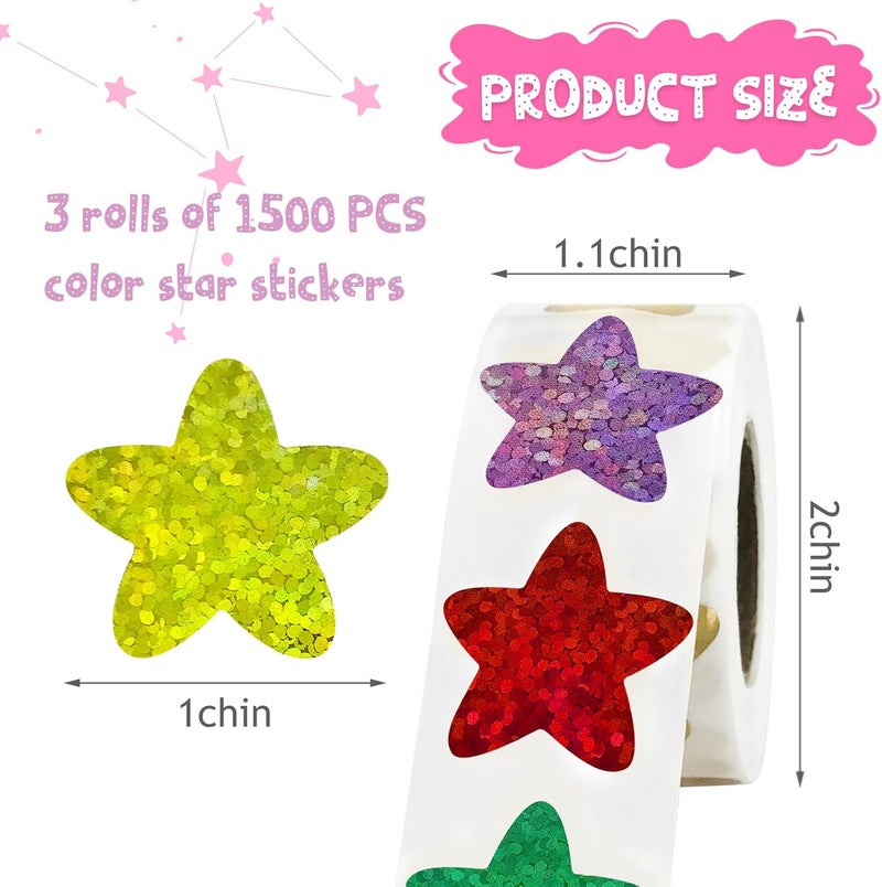 XITDW 3 Rolls Star Stickers,1500pcs Foil Shiny Self-Adhesive Colorful Star Stickers for Kids Reward for Student Planner and School Classroom Teacher Supplies - Image 2