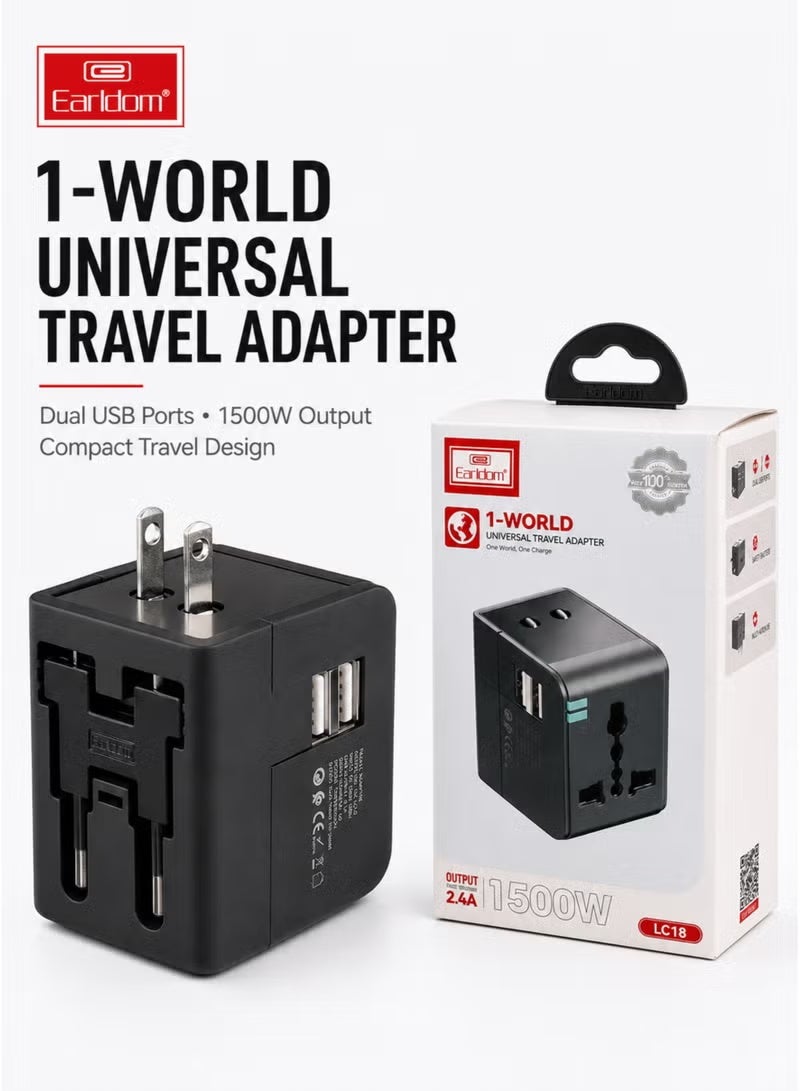 Earldom ES-LC18 Universal Travel Adapter 1500W 6A with Dual USB-A, UK EU US AU Compatible, Black - Image 5