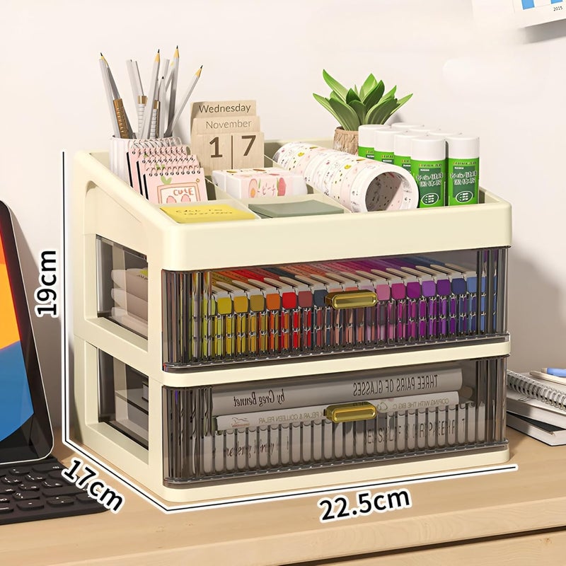 HOOPVOOL Desk Makeup Organizer, Plastic Storage Box with Sliding Drawer, Stylish Display Case for Cosmetics, Lotion, Nail Polish,Brushes,and Jewelry (2 - Layer, Cream) - Image 2