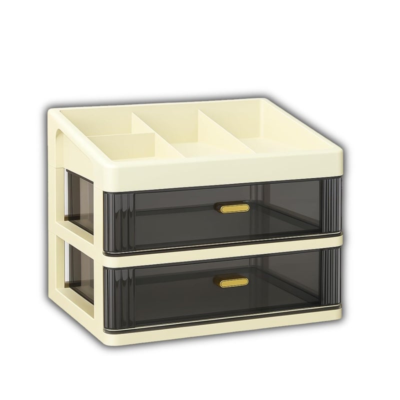 HOOPVOOL Desk Makeup Organizer, Plastic Storage Box with Sliding Drawer, Stylish Display Case for Cosmetics, Lotion, Nail Polish,Brushes,and Jewelry (2 - Layer, Cream) - Image 1
