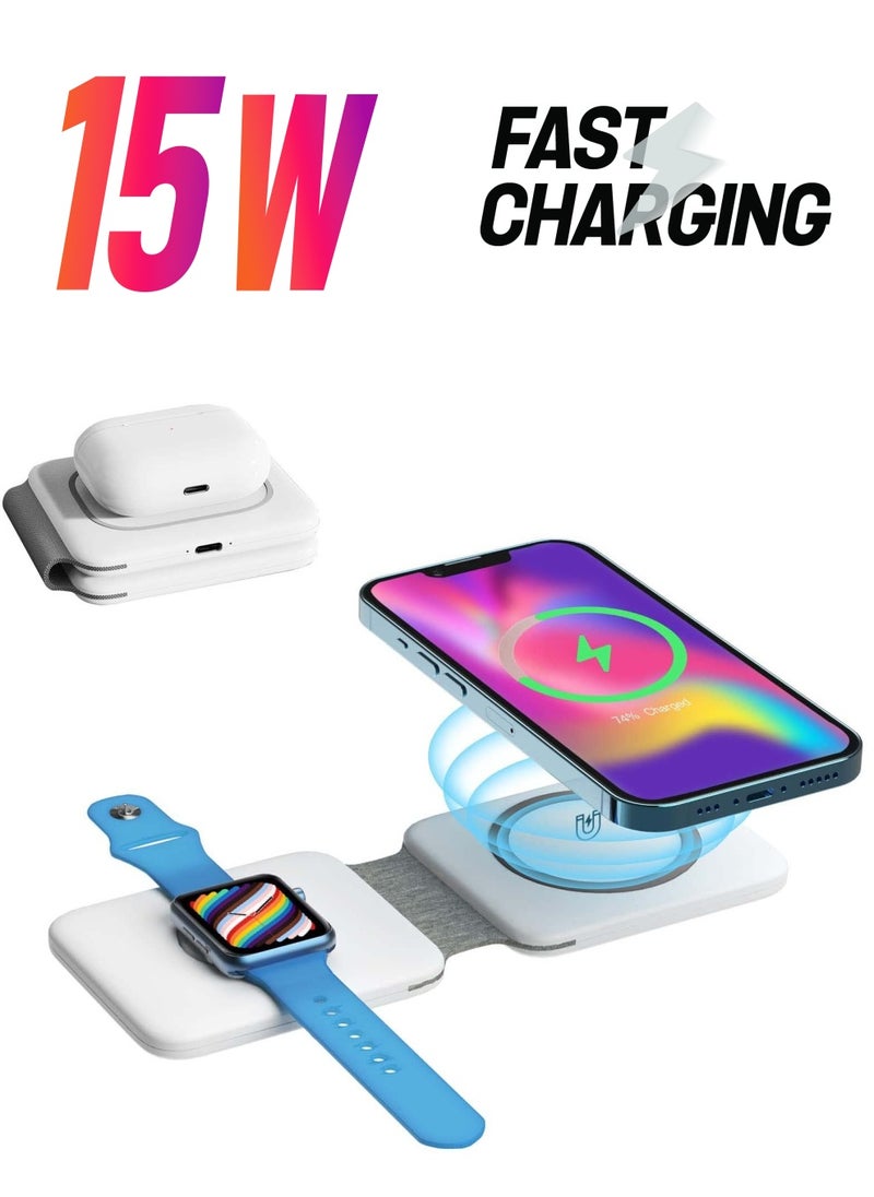 Excefore Wireless Charging, Magnetic Foldable Charging Pad Portable Wireless Chargers 3 in 1, Qi Fast Wireless Charging Station Compatible with iPhone 14/13/12/SE/11/XS/8, Samsung, for Air Pods Pro, iWatch  - Image 1