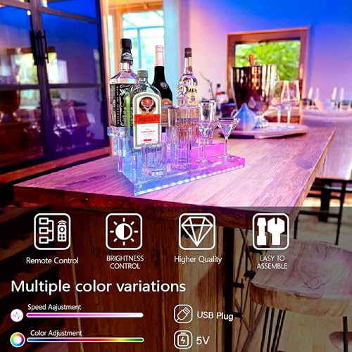 YMVV حامل زجاجات المشروبات الكحولية مع إضاءة LED من YMVV، 3 طبقات، 15.7 بوصة، رفوف مشروبات كحولية مع جهاز تحكم عن بعد RF، رف ملحقات زجاجات المشروبات للبار المنزلي - Image 2