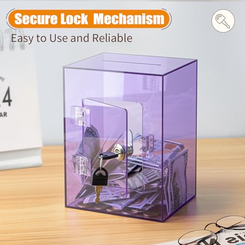 Hicocool Clear Piggy Bank with Lock Acrylic Piggy Bank for Adults Kids Openable Reusable Money Saving Box with Key for Birthday Purple - Image 5
