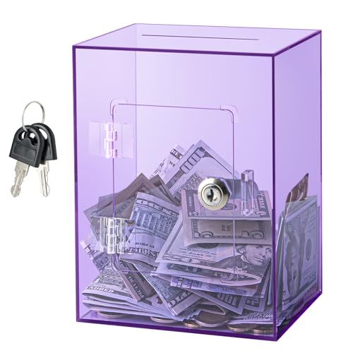 Hicocool Clear Piggy Bank with Lock Acrylic Piggy Bank for Adults Kids Openable Reusable Money Saving Box with Key for Birthday Purple - Image 1