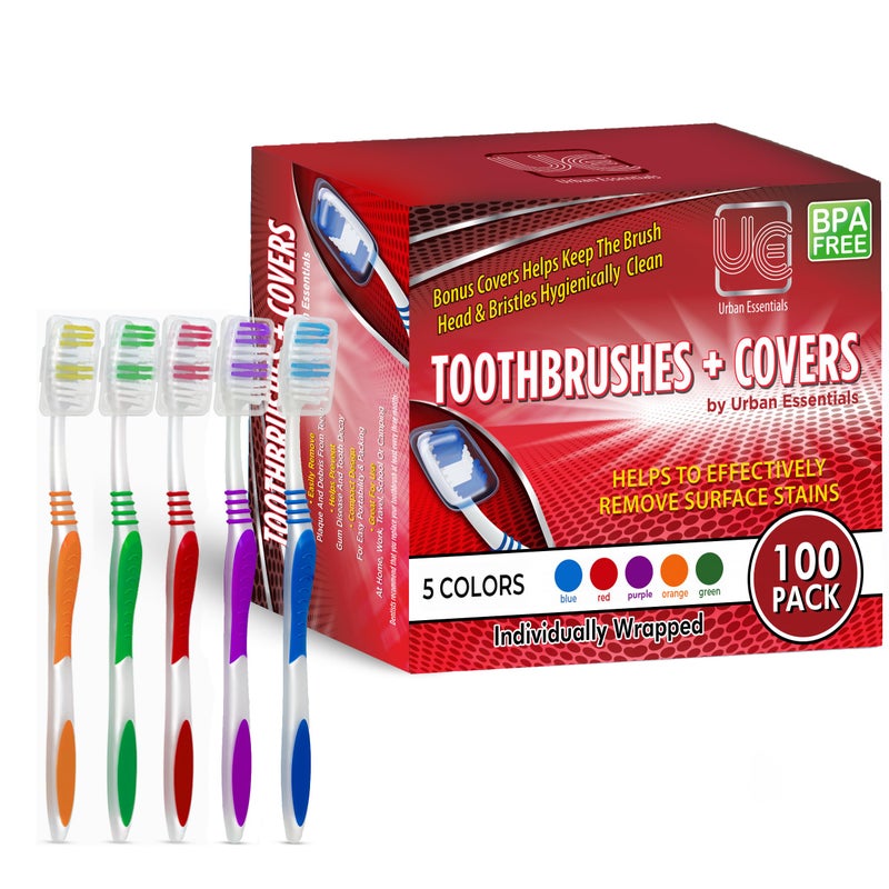Urban Essentials Bulk Toothbrush Package with Covers | Premium Quality Individually Wrapped Colorful Tooth Brushes | Medium Soft Toothbrush Hygienic Cap for Donations, Travel, Hotels (100 Pack) - Image 1