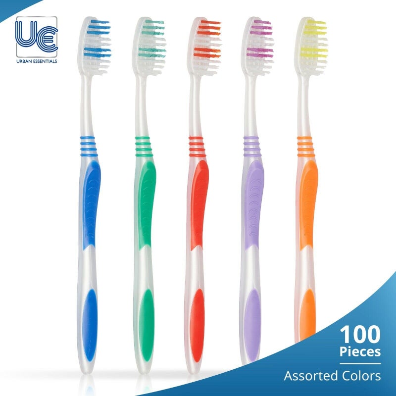 Urban Essentials Bulk Toothbrush Package with Covers | Premium Quality Individually Wrapped Colorful Tooth Brushes | Medium Soft Toothbrush Hygienic Cap for Donations, Travel, Hotels (100 Pack) - Image 2
