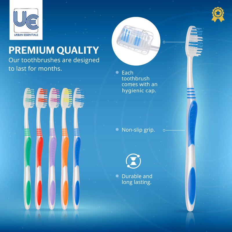 Urban Essentials Bulk Toothbrush Package with Covers | Premium Quality Individually Wrapped Colorful Tooth Brushes | Medium Soft Toothbrush Hygienic Cap for Donations, Travel, Hotels (100 Pack) - Image 5