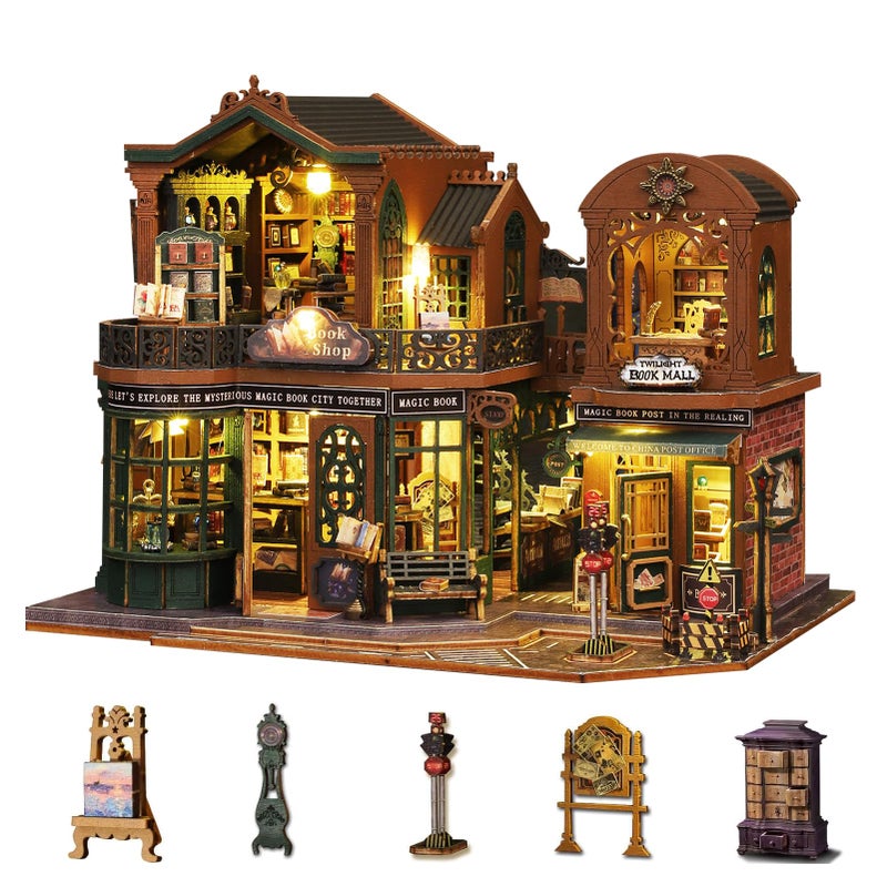 Plustopoy DIY Miniature House Kit for Adults, Mini Wooden Dollhouse Kit, Book Shop Tiny House Diorama Building Kits with Light, 3D Wooden Puzzles Bookend Shelf Insert Decor, Creative Craft - Image 1