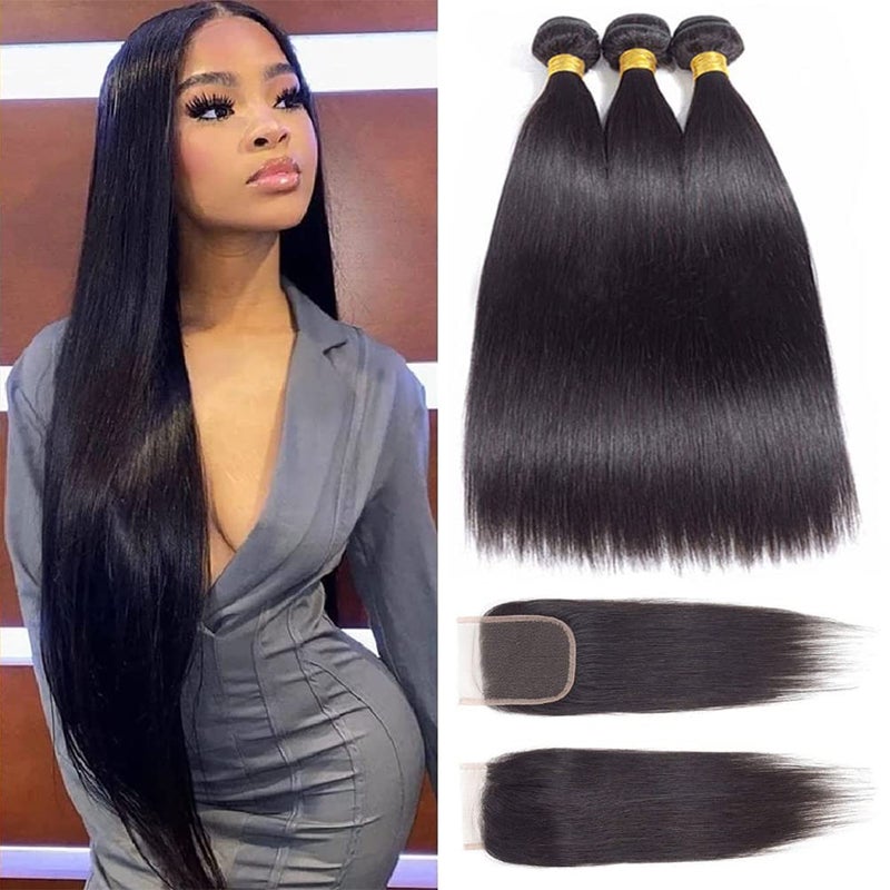 12A Straight Bundles Human Hair with Closure 20 22 2418 Brazilian Human Hair 3 Bundles with Closure 100 Unprocessed Virgin Remy Straight Hair Bundles with Closure Natural Color