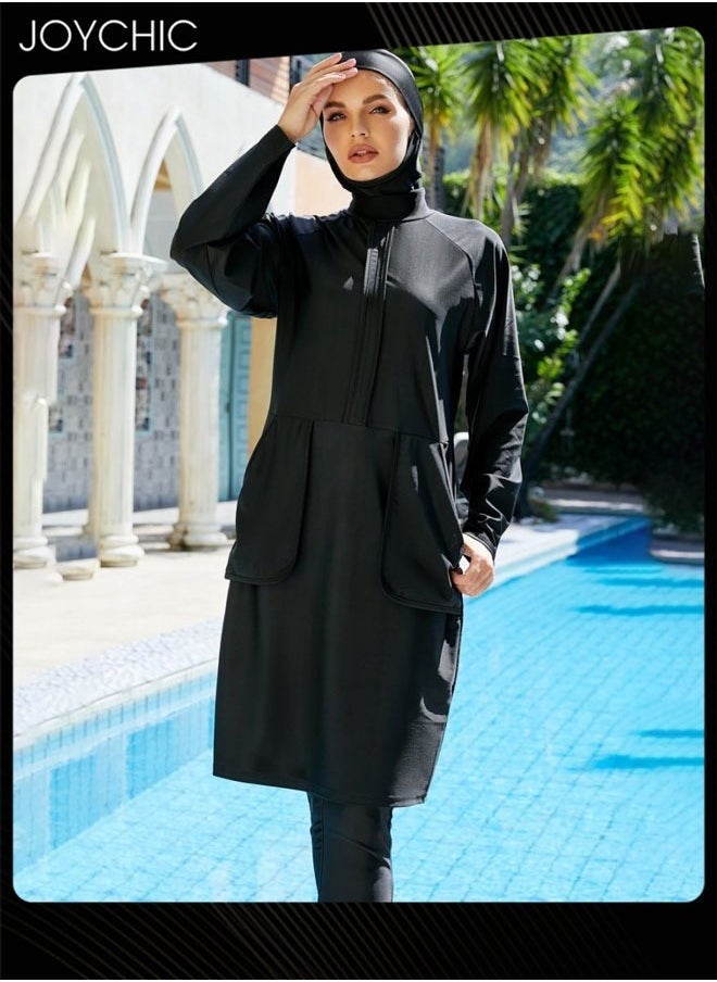 Joychic Muslim Women Summer Full Cover Sun Protection Long Sleeved Swimwear Ladies Quick-drying Swimsuit Black  - Image 1