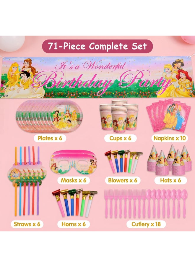 Kidzilla 71 PCS Disney Princess Birthday Party Supplies Kit for Girls – Princess Theme Party Decorations Set with Plates, Cups, Napkins, Banner, Hats, Masks, Straws, Horns & Cutlery - Image 1