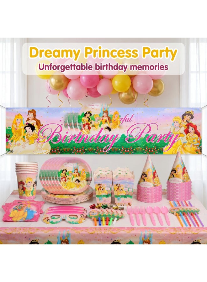 Kidzilla 71 PCS Disney Princess Birthday Party Supplies Kit for Girls – Princess Theme Party Decorations Set with Plates, Cups, Napkins, Banner, Hats, Masks, Straws, Horns & Cutlery - Image 2