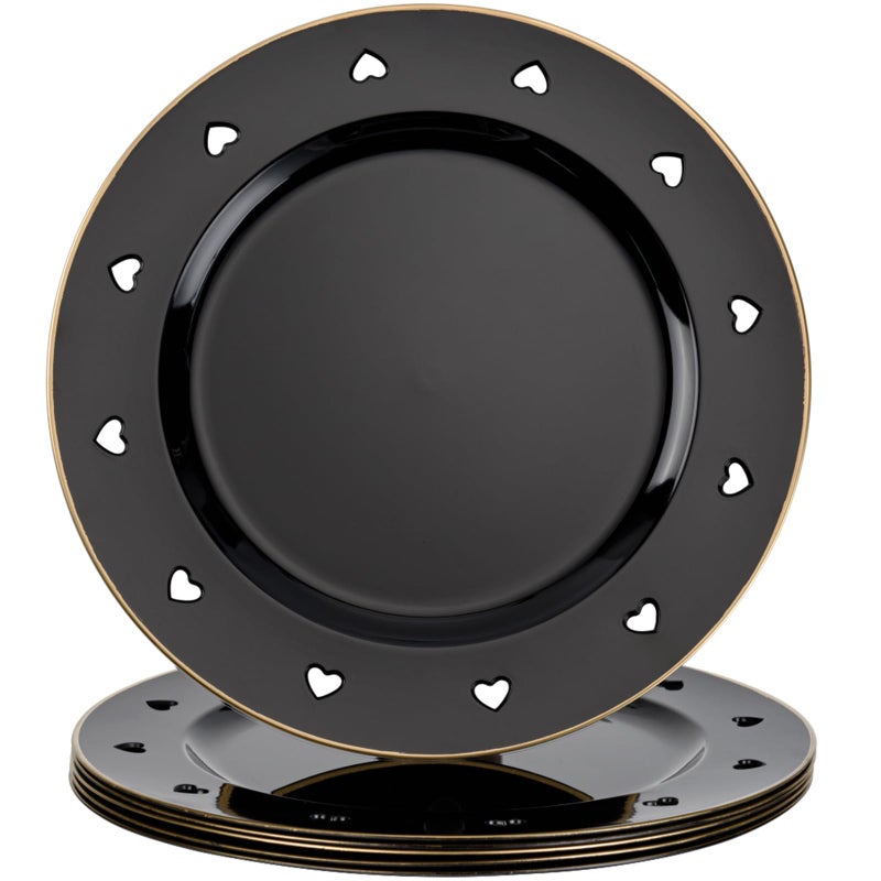 Kazozobi 13" Round Black Charger Plates, Heart Hollow Chargers for Dinner Plates with Golden Border, Formal Table Setting Accessory Centerpiece Bluk Wedding, Valentine's Day, Galentine's Day, Set of 6 - Image 1