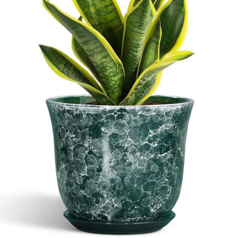 SUNPOTFOR 8 Inch Plant Pot - Ceramic Planter with Drainage Hole and Saucer, Round Planter for Indoor Outdoor, Modern Planters, Decorative Flower Pots, Office Room Home Decor, Plant Lover Gifts, Green - Image 1